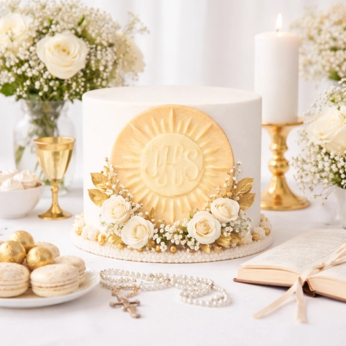 Figurka na tort hostia cukrowa złoty IHS ozdoby dekoracje komunijne chrzest