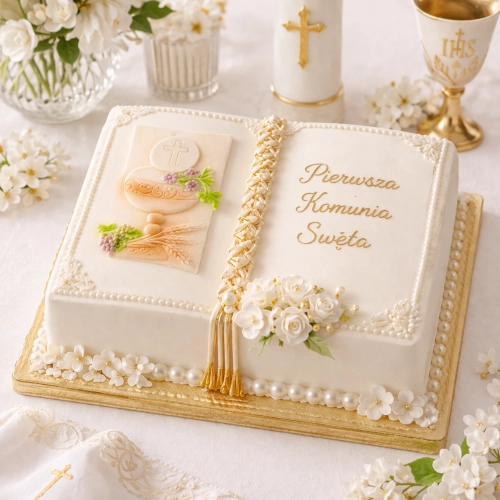 Figurka na tort hostia cukrowa złoty tabliczka ozdoby dekoracje komunijne chrzest