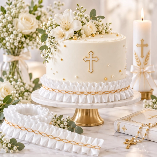 Taśma wstążka ozdoba na tort komunia chrzest marszczona 98 cm biało złota