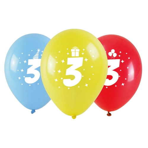 Balony z cyfrą 3 kolorowe urodzinowe 3 sztuki