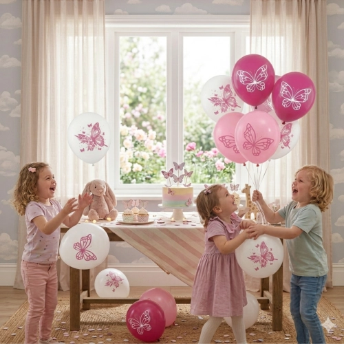 Balony lateksowe 8 sztuk biało różowe motyle dekoracje urodzinowe