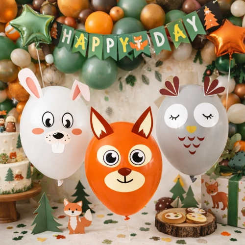 Balony lateksowe kolorowe zwierzęta leśne sowa lis wiewiórka dekoracje urodzinowe naklejki