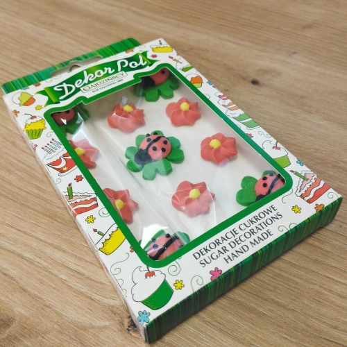 Dekoracje cukrowe na tort 11 sztuk biedronka listki kwiaty na babeczki urodziny