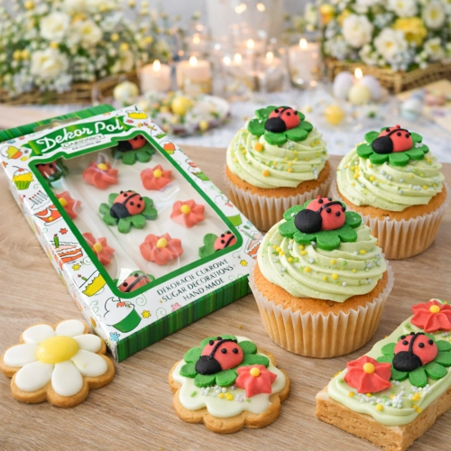 Dekoracje cukrowe na tort 11 sztuk biedronka listki kwiaty na babeczki urodziny