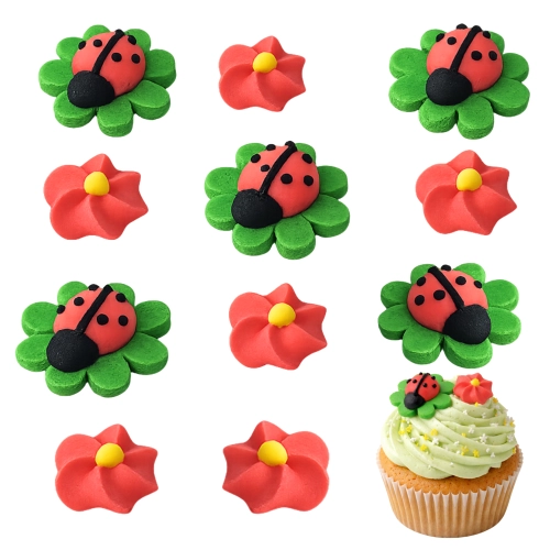 Dekoracje cukrowe na tort 11 sztuk biedronka listki kwiaty na babeczki urodziny