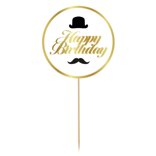 Topper ozdoby na tort napis Happy Birthday melonik wąsy dekoracje urodzinowe