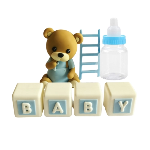 Topper na tort kule na piku miś butelka klocki baby drabinka dekoracje urodzinowe niebieski złoty 23 elementy