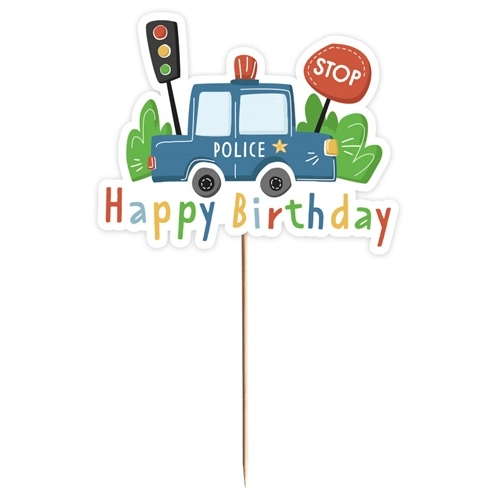 Topper ozdoby na tort napis Happy Birthday policja auto dekoracje urodzinowe