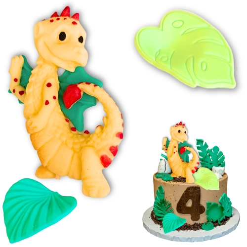 Figurki ozdoby na tort topper dinozaur liście dekoracje urodzinowe dino zestaw cukrowy 3 sztuki