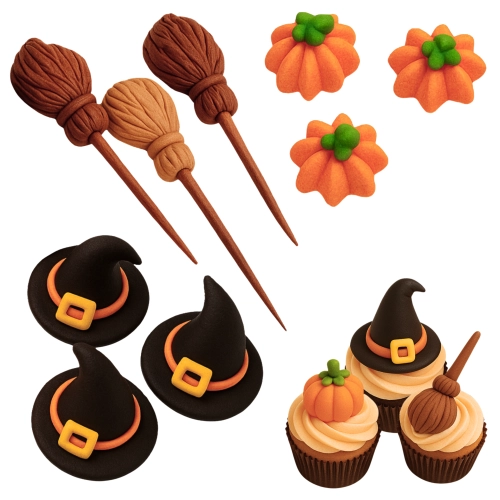 Figurki na tort 9 sztuk dynia miotła kapelusz cukrowy dekoracje halloween