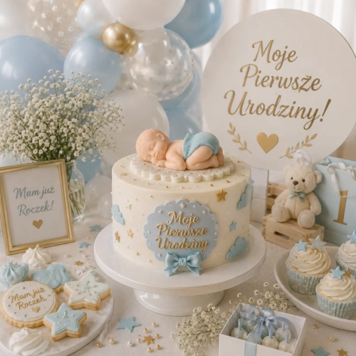 Figurka cukrowa ozdoby na tort bobas chłopiec dekoracje na roczek chrzest baby shower