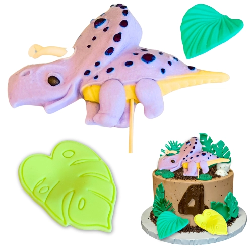 Figurki ozdoby na tort topper dinozaur liście dekoracje urodzinowe dino zestaw cukrowy 3 sztuki