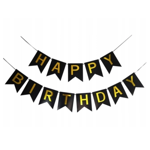 Baner girlanda dekoracja urodzinowa napis Happy Birthday czarny złoty duży