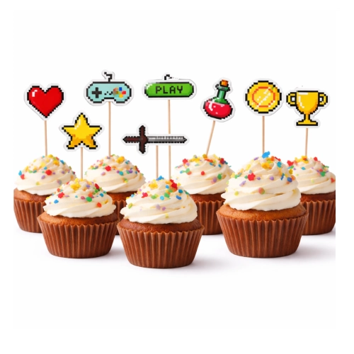Topper piker ozdoby na tort babeczki puchar miecz minecraft piksele dekoracje urodzinowe game on zestaw 8 sztuk