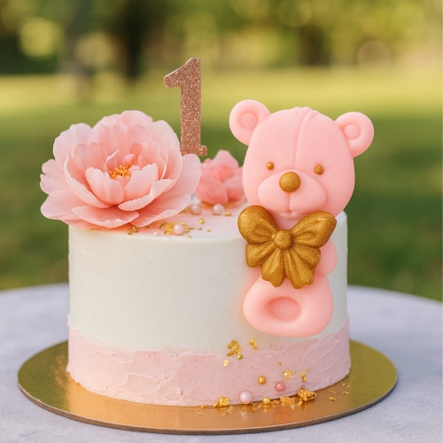 Figurka cukrowa na tort grzechotka miś różowy na roczek baby shower chrzest