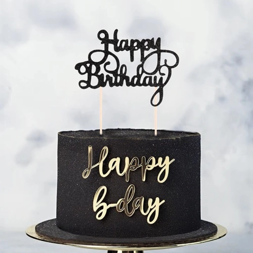 Topper ozdoby na tort napis Happy Birthday czarny brokatowy dekoracje urodzinowe