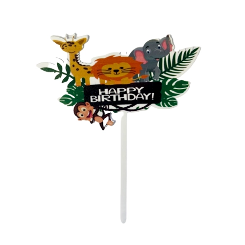 Topper ozdoby na tort napis Happy Birthday zwierzęta lew żyrafa słoń dekoracje urodzinowe safari zoo