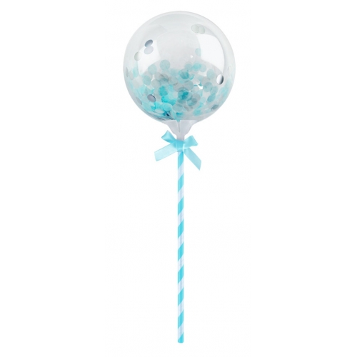 Balon transparentny na patyczku z konfetti -niebieski