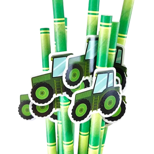 SŁOMKI RURKI PAPIEROWE dekoracje urodzinowe FARMA traktor zielony 6szt