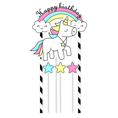 Topper piker ozdoby na tort babeczki jednorożec napis Happy Birthday unicorn dekoracje urodzinowe zestaw 5 sztuk
