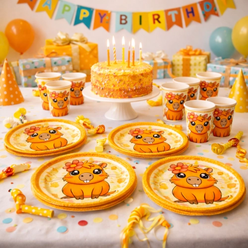 Kubeczki talerzyki jednorazowe papierowe kapibara urodziny ozdoby na stół 12el