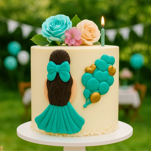 Figurka cukrowa na tort kobieta z balonami dekoracje urodzinowe ozdoba na bok tortu