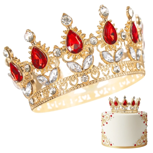 Korona na tort złota z czerwonymi i srebrnymi kryształami diamentami tiara diadem dekoracja dla księżniczki