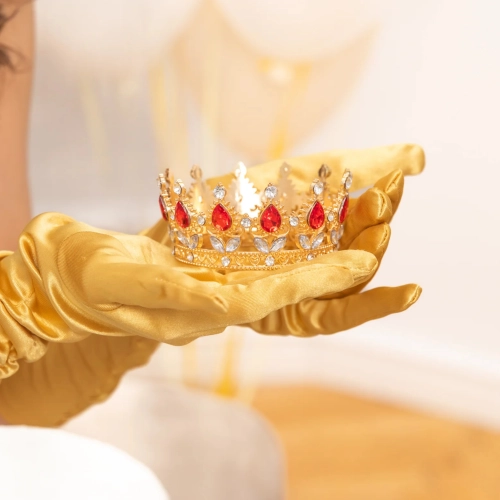 Korona na tort złota z czerwonymi i srebrnymi kryształami diamentami tiara diadem dekoracja dla księżniczki