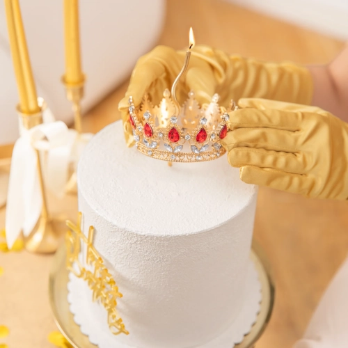 Korona na tort złota z czerwonymi i srebrnymi kryształami diamentami tiara diadem dekoracja dla księżniczki