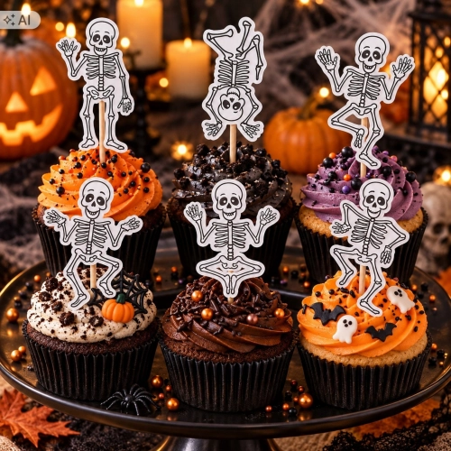 Topper piker ozdoby na tort babeczki szkielety dekoracje na halloween 6 sztuk