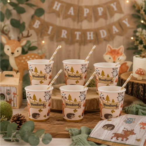 Kubeczki papierowe 6 sztuk zwierzęta leśne urodziny na roczek baby shower