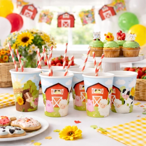 Kubeczki papierowe 6 sztuk farma zwierzęta ozdoby na stół dekoracje urodzinowe