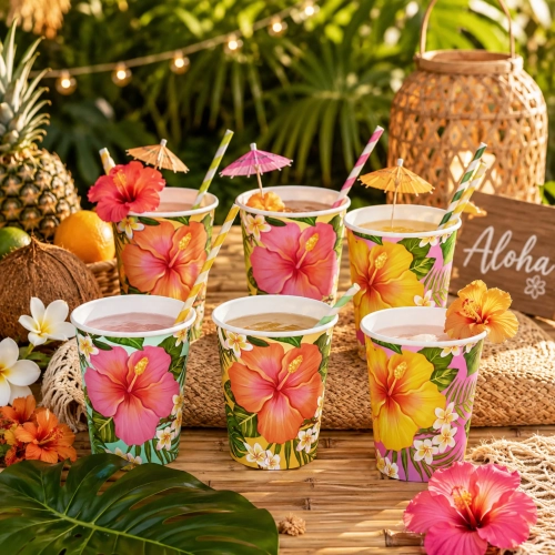 Kubeczki papierowe 6 sztuk tropikalne kwiaty aloha ozdoby na stół dekoracje urodzinowe