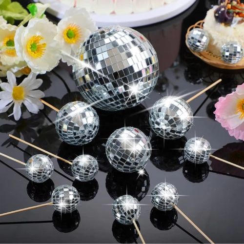 Topper kule na piku 10 sztuk srebrne błyszczące kula dyskotekowa kulki na tort