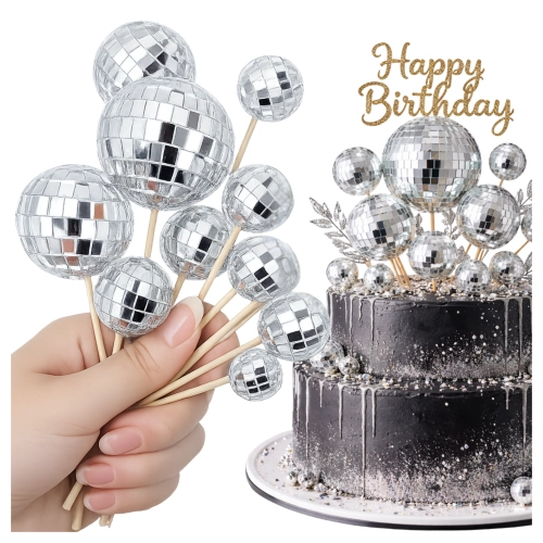 Topper kule na piku 10 sztuk srebrne błyszczące kula dyskotekowa kulki na tort