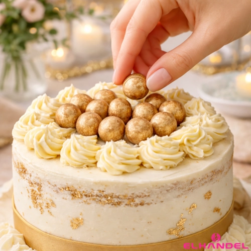 Posypka na tort chrupki zbożowe kule w czekoladzie 19 sztuk złoty ecru dekoracje urodzinowe