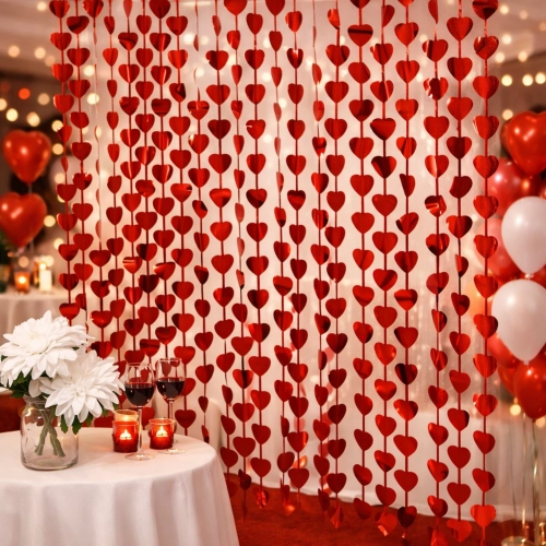 Kurtyna dekoracyjna metalizowana tło zasłona czerwone serca walentynki 100x200cm