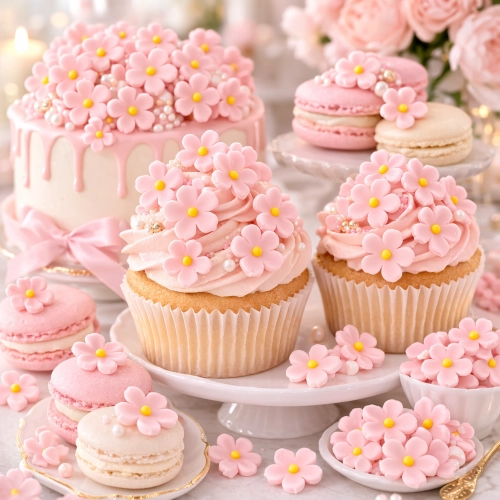 Kwiaty cukrowe mini kwiatki cukrowe SUBTELNA dekoracja tortu różowe 45szt