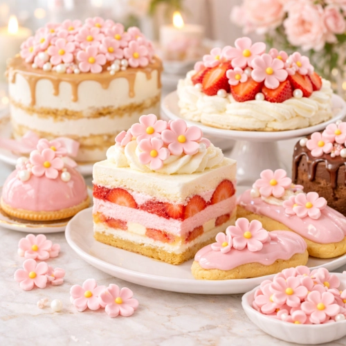 Kwiaty cukrowe mini kwiatki cukrowe SUBTELNA dekoracja tortu różowe 45szt