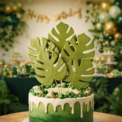 Figurka na tort 5 sztuk liście cukrowe monstery zielone urodziny safari jungle
