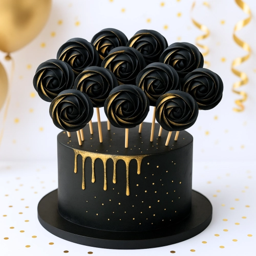 Lizaki bezowe dekoracje na tort bezy topper urodziny beziki czarno złote 12 sztuk