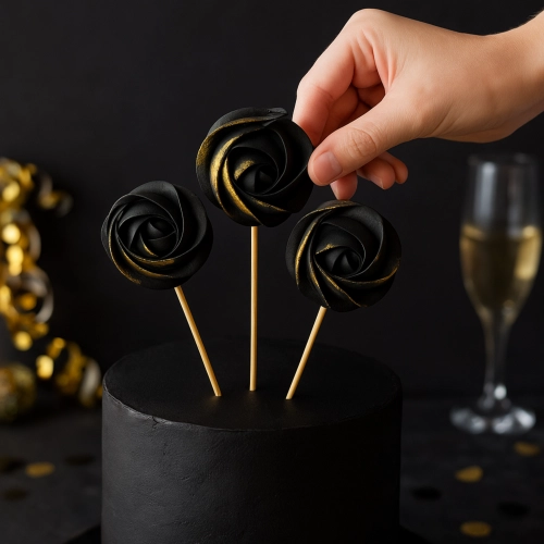 Lizaki bezowe dekoracje na tort bezy topper urodziny beziki czarno złote 3 sztuki