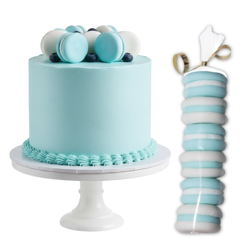 Ozdoby dekoracje cukrowe na tort makaroniki niebiesko białe jadalne 6 sztuk