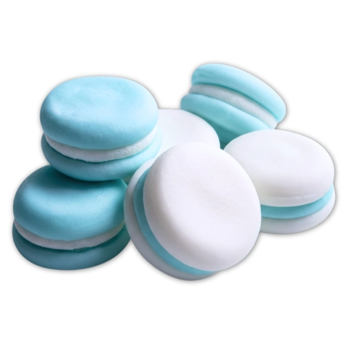 Ozdoby dekoracje cukrowe na tort makaroniki niebiesko białe jadalne 6 sztuk