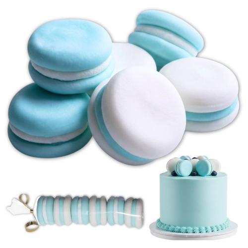 Ozdoby dekoracje cukrowe na tort makaroniki niebiesko białe jadalne 6 sztuk