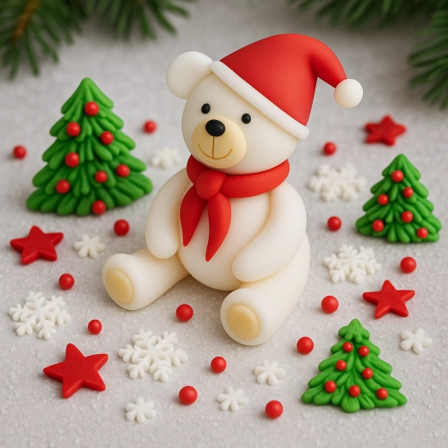 Figurka cukrowa dekoracja Boże Narodzenie Święta miś biały czapka mikołaja