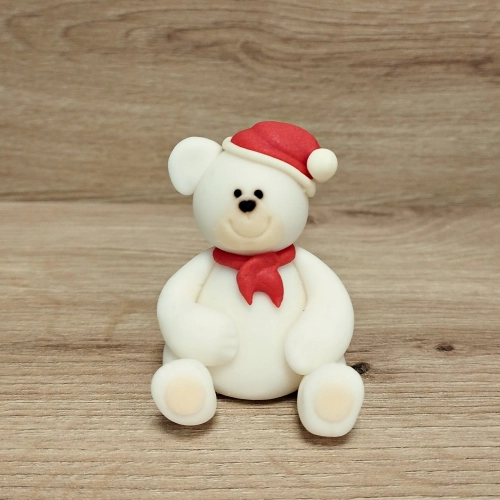 Figurka świąteczna cukrowa miś w czapce Mikołaja biały Boże Narodzenie