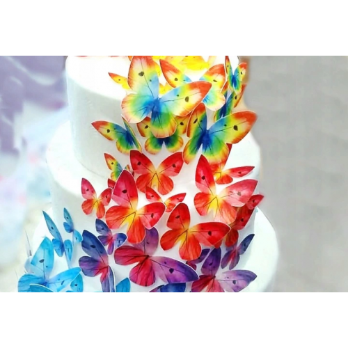 Motyle waflowe 3D do dekoracji tortu kolor tęczowy 87 sztuk