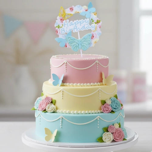 Topper na tort babeczki happy birthday motylki niebieski złoty 1szt