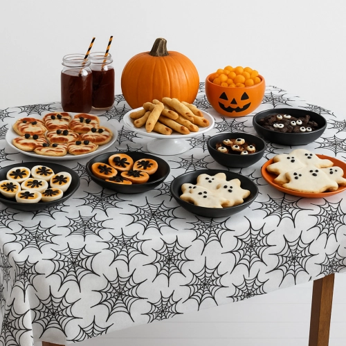 Obrus na stół halloween biały foliowy pajęczyna czarna 274x137cm